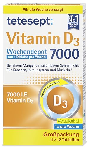 tetesept Vitamin D3 7000 Wochendepot – 4 x 12 Tabletten- Vitamin D Tabletten bei einem Mangel an natürlichem Sonnenlicht – Nahrungsergänzungsmittel für Knochen, Immunsystem & Muskeln - Vorratspackung im Sale